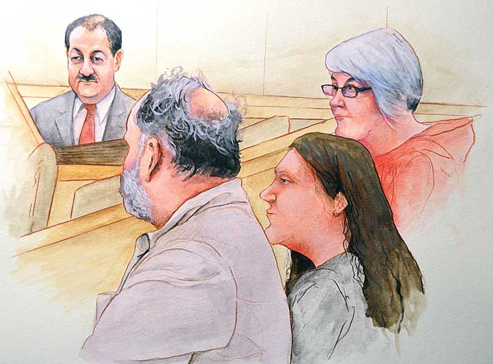 Gary and Patty Quarrels, family members of the fallen miners, watch the trial of Don Blankenship from the front row of the courtroom of Judge Irene Berger. (Artwork courtesy of Jeff Pierson)